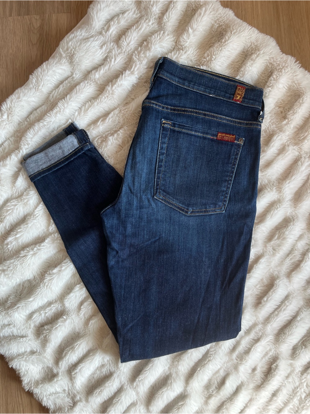 7 for all mankind dark wash, skinny jeans